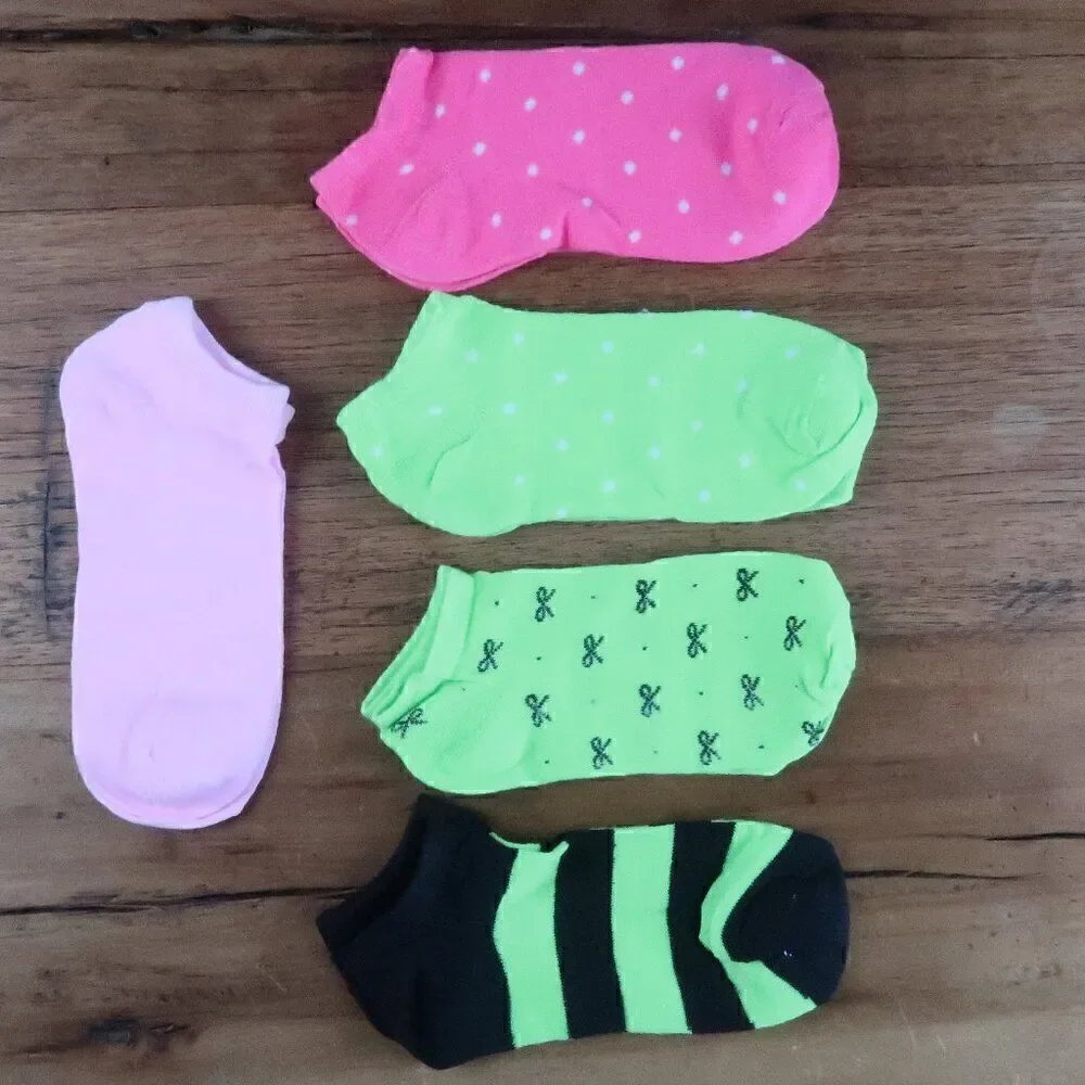 5 PAIR NEON GREEN & NEON PINK ANKLE SOCKS WOMENS SIZE 5 TO 8 NWT